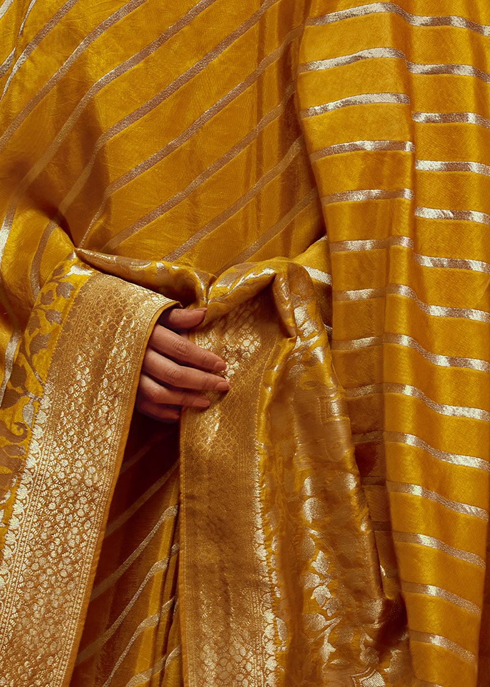 Mustard Yellow Woven Viscose Silk Saree - qivii