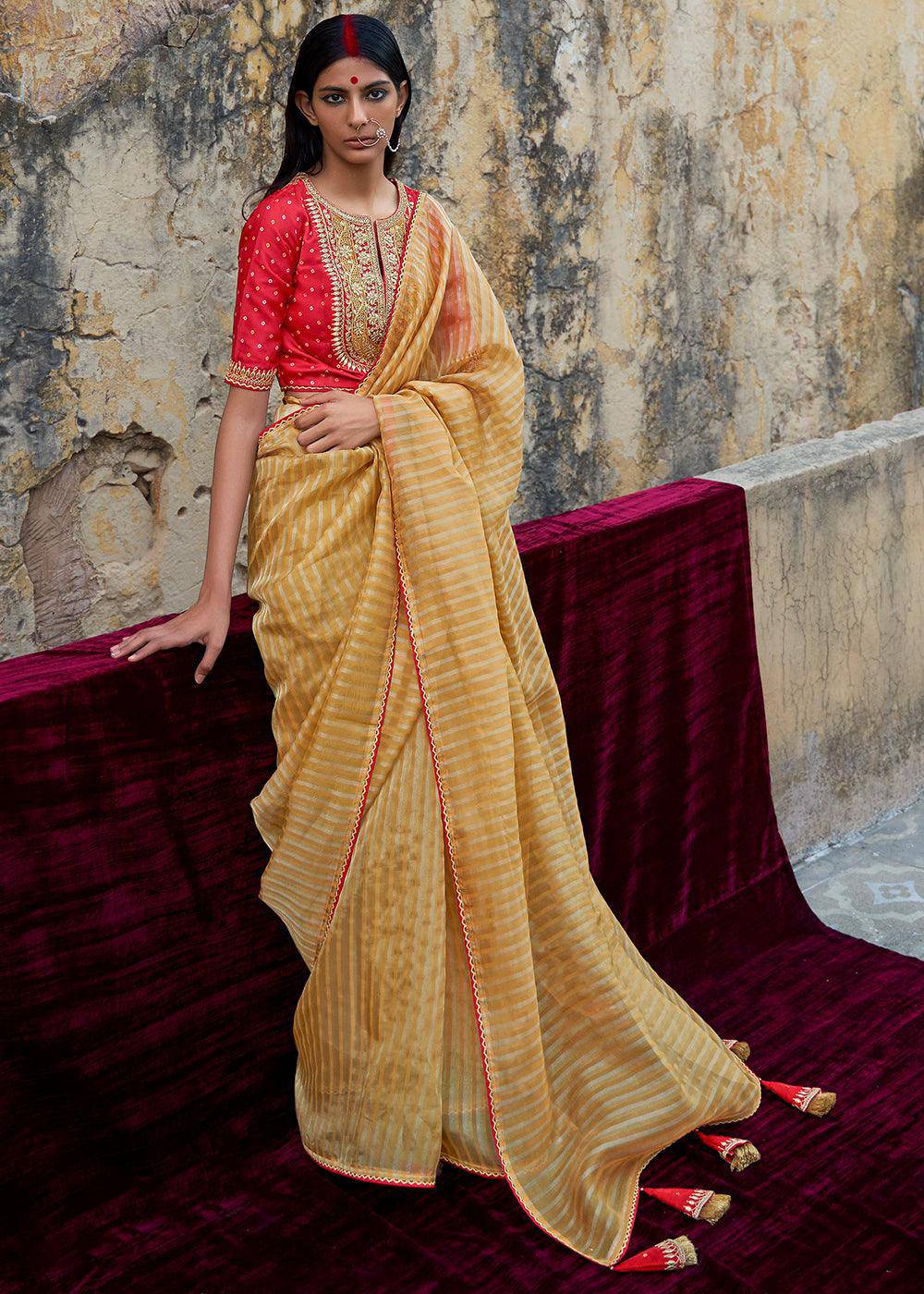 Mustard Yellow Zari Weaving Organza Saree with Embroidered Blouse | Stitched Blouse - qivii