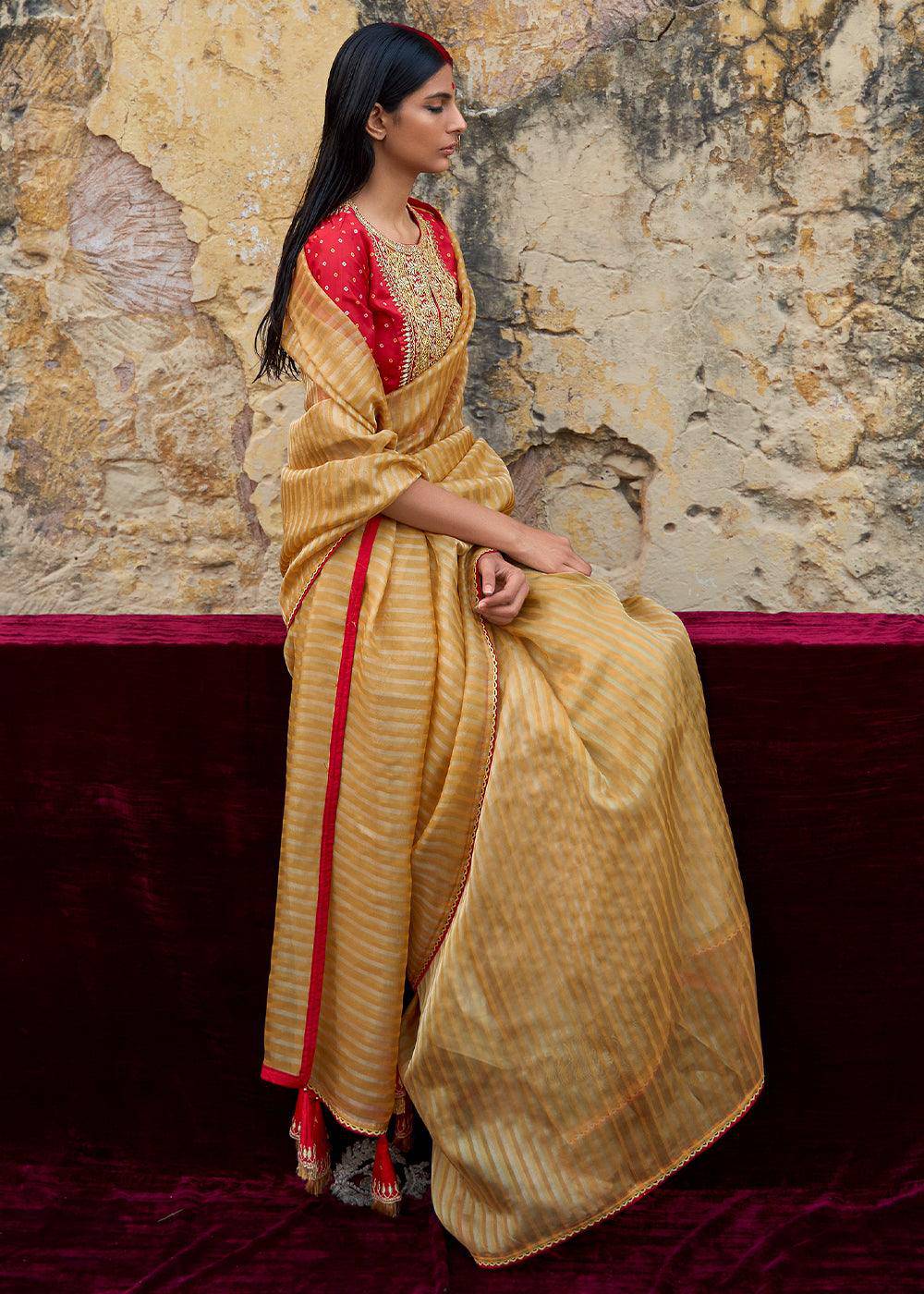 Mustard Yellow Zari Weaving Organza Saree with Embroidered Blouse | Stitched Blouse - qivii