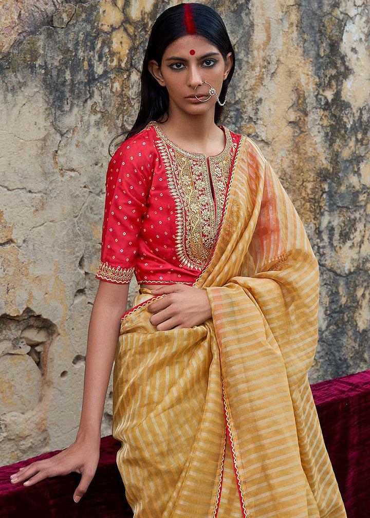 Mustard Yellow Zari Weaving Organza Saree with Embroidered Blouse | Stitched Blouse - qivii