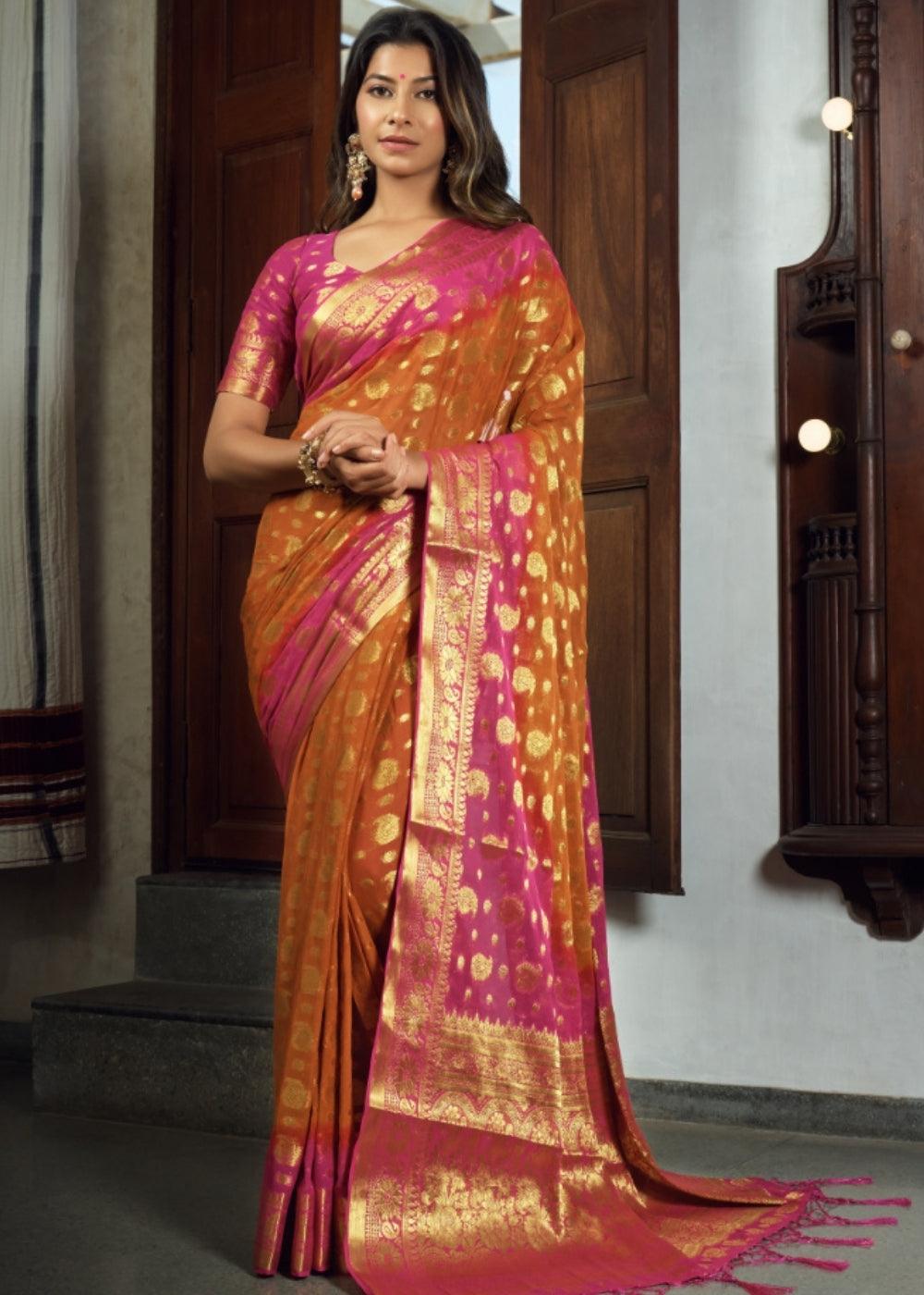 Mustard Yellow Zari Woven Chiffon Silk Saree | Stitched Blouse - qivii