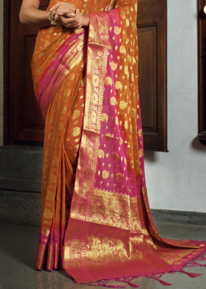 Mustard Yellow Zari Woven Chiffon Silk Saree | Stitched Blouse - qivii