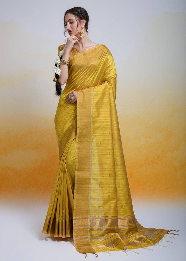 Mustard Yellow Zari Woven Cotton Silk Saree | Stitched Blouse - qivii