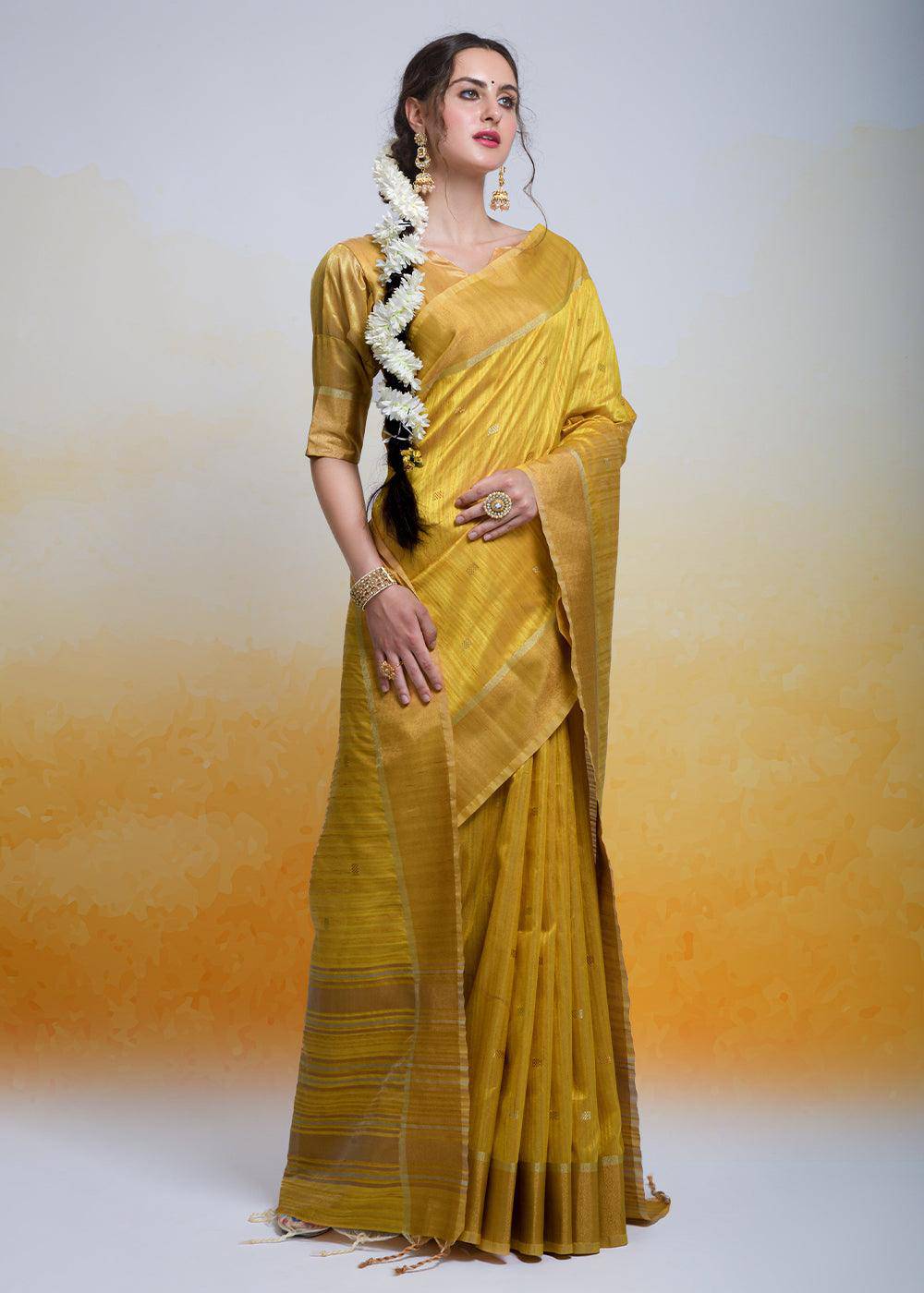 Mustard Yellow Zari Woven Cotton Silk Saree | Stitched Blouse - qivii