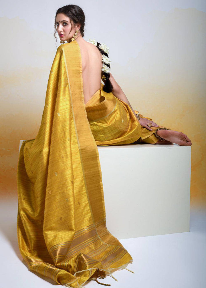 Mustard Yellow Zari Woven Cotton Silk Saree | Stitched Blouse - qivii