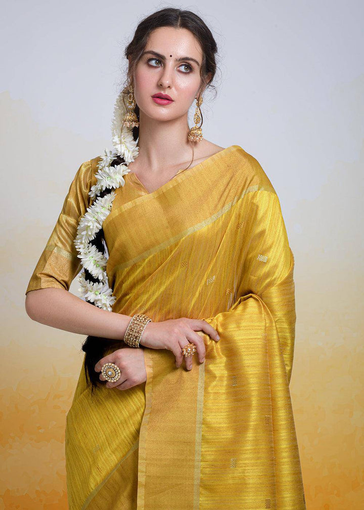 Mustard Yellow Zari Woven Cotton Silk Saree | Stitched Blouse - qivii