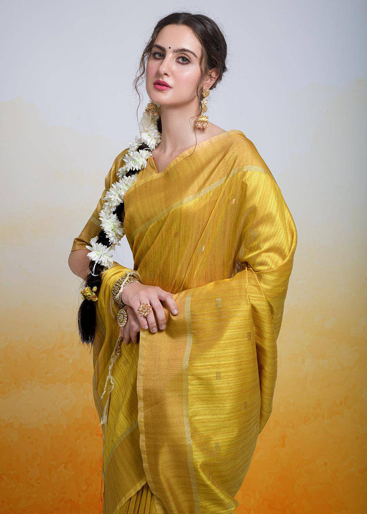 Mustard Yellow Zari Woven Cotton Silk Saree | Stitched Blouse - qivii