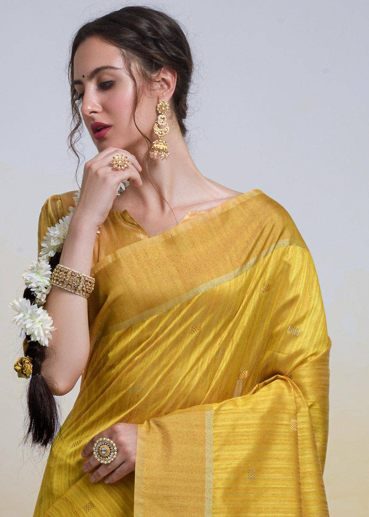 Mustard Yellow Zari Woven Cotton Silk Saree | Stitched Blouse - qivii