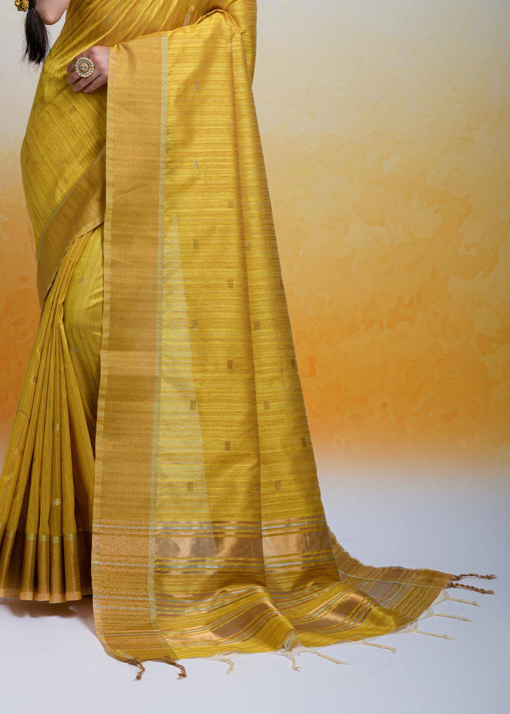 Mustard Yellow Zari Woven Cotton Silk Saree | Stitched Blouse - qivii