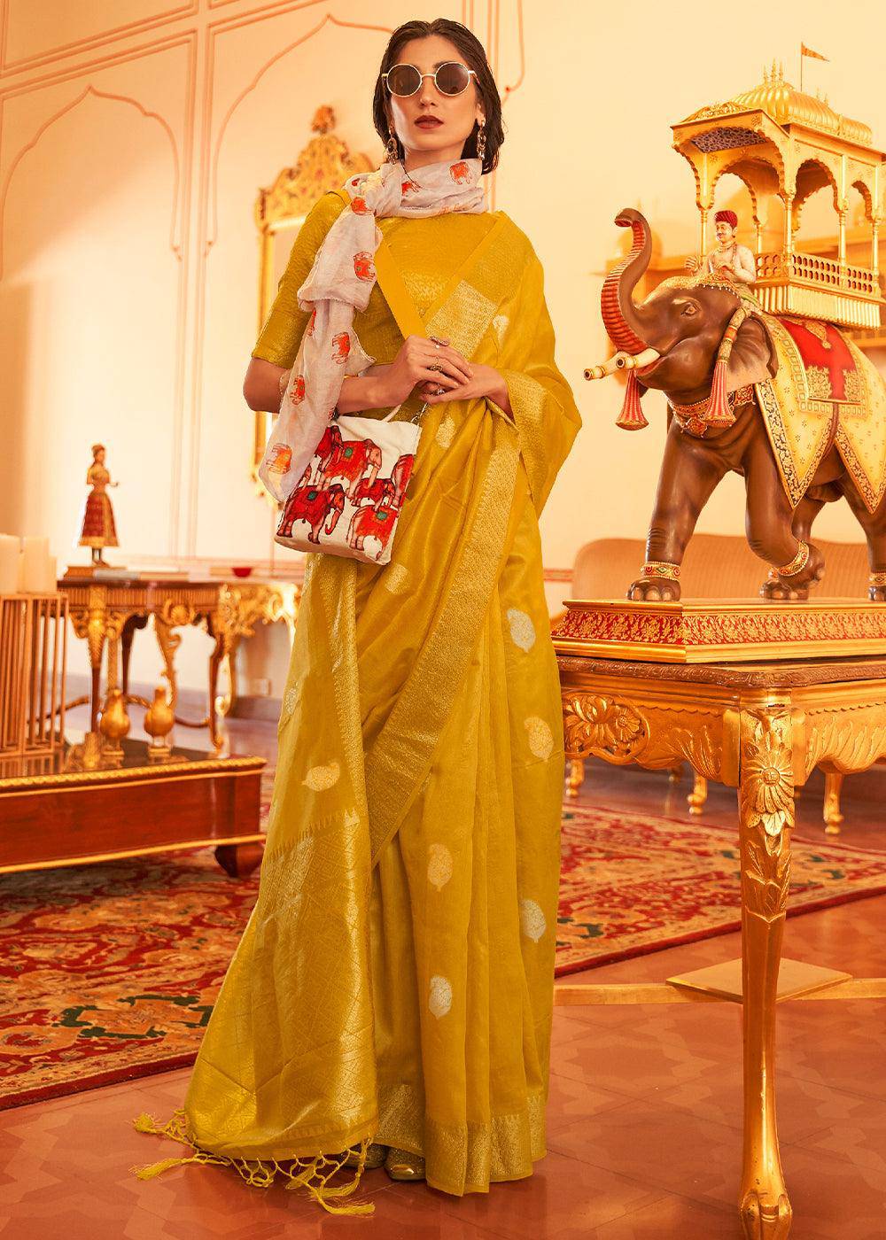 Mustard Yellow Zari Woven Soft Tissue Silk Saree | Stitched Blouse - qivii