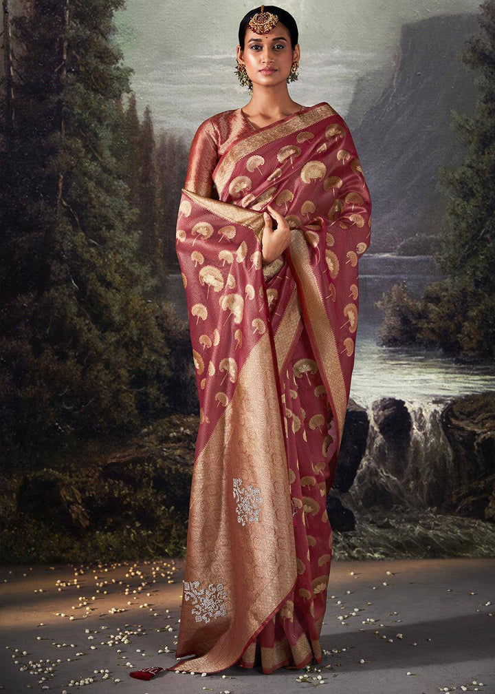 Mystic Pink Zari Woven Organza Silk Saree with Swarovski Work | Stitched Blouse - qivii