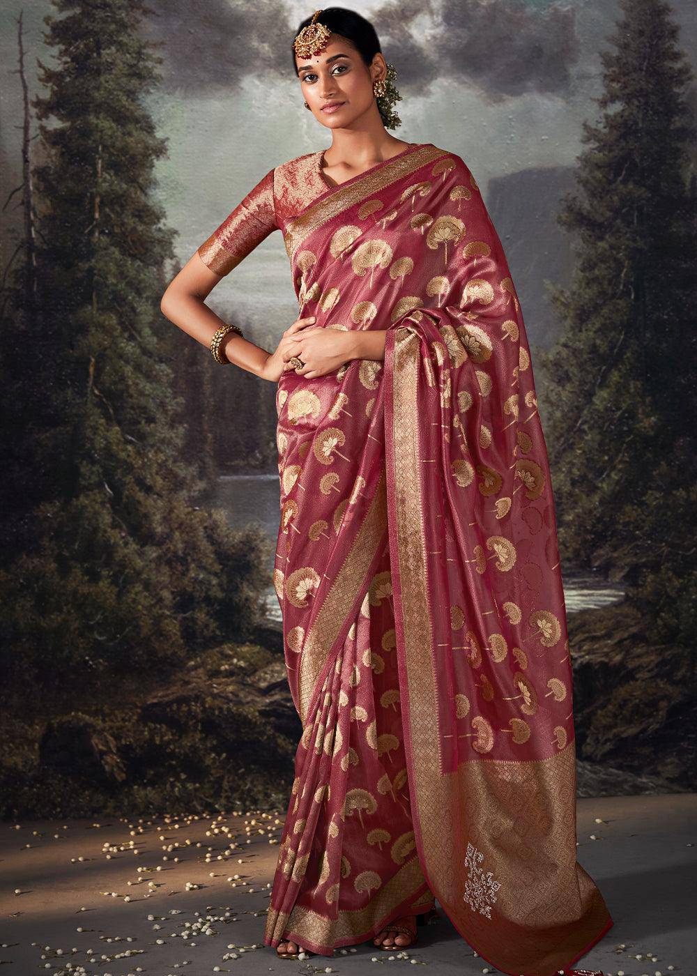 Mystic Pink Zari Woven Organza Silk Saree with Swarovski Work | Stitched Blouse - qivii