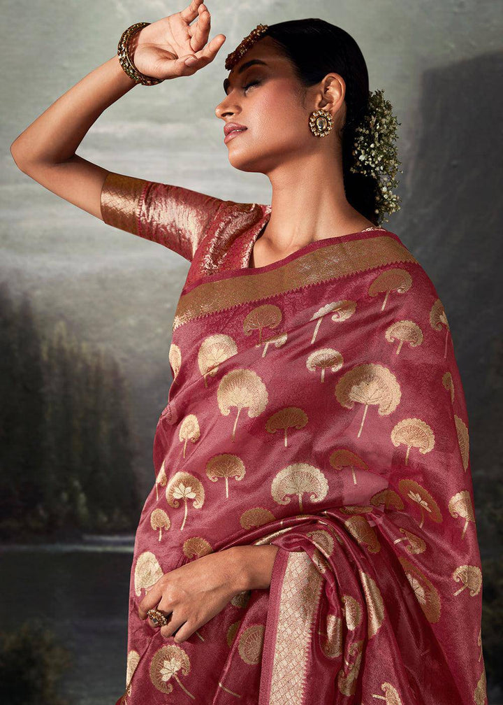 Mystic Pink Zari Woven Organza Silk Saree with Swarovski Work | Stitched Blouse - qivii