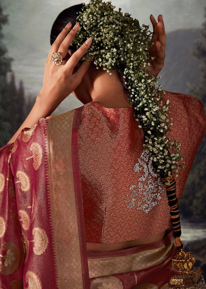 Mystic Pink Zari Woven Organza Silk Saree with Swarovski Work | Stitched Blouse - qivii