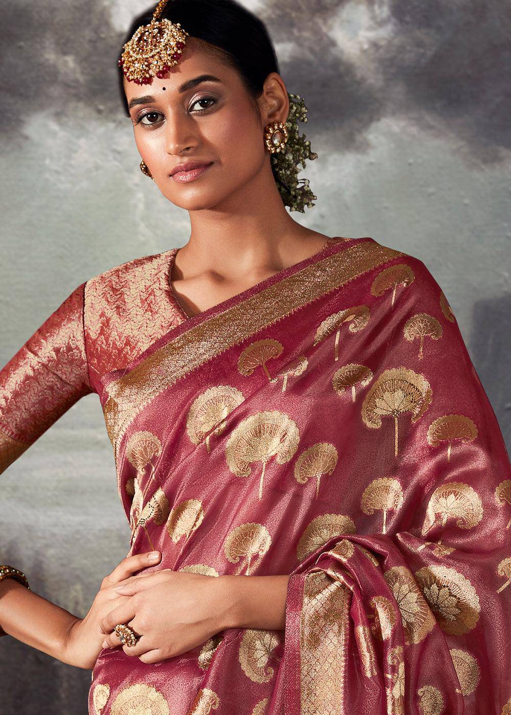 Mystic Pink Zari Woven Organza Silk Saree with Swarovski Work | Stitched Blouse - qivii