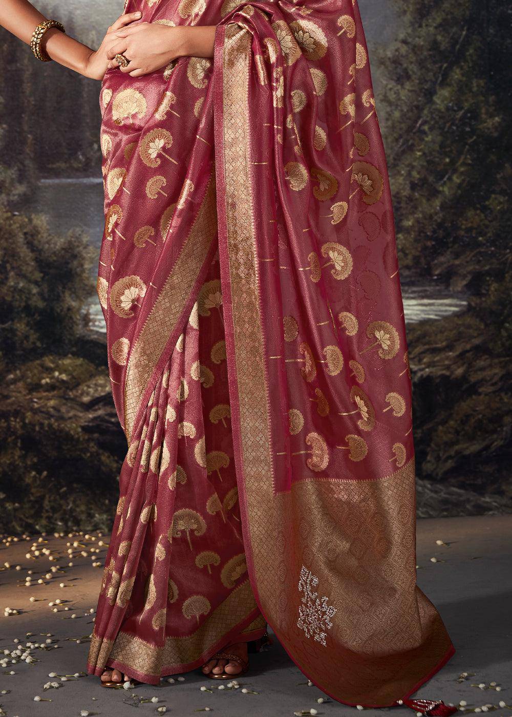 Mystic Pink Zari Woven Organza Silk Saree with Swarovski Work | Stitched Blouse - qivii