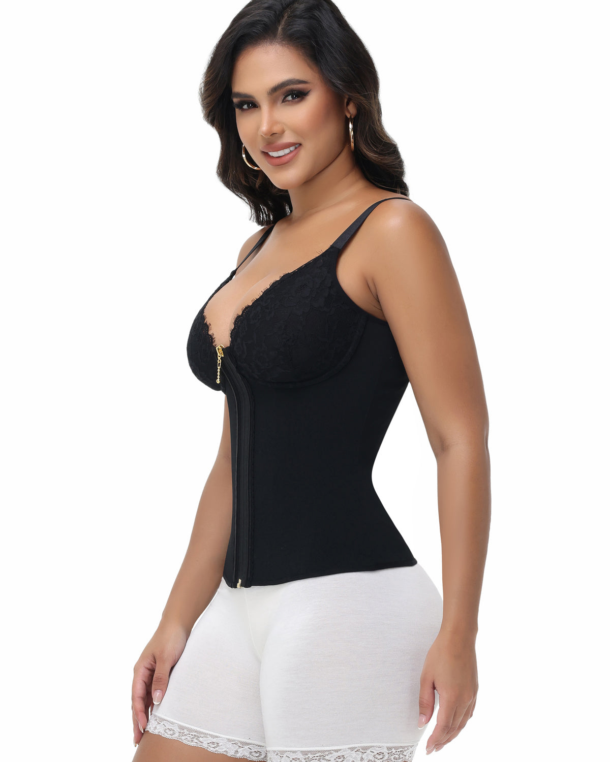 Shapshe® Deep V Lace Corset Top Trimmed Waist Trainer with Front Zipper  - By Qivii