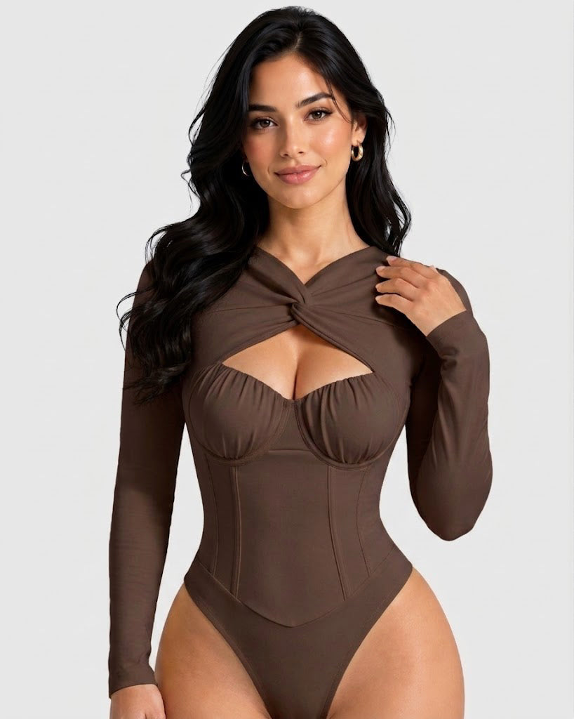 Sexy Twist Cutout Bustier Long Sleeve High Cut Bodysuit  - By Qivii