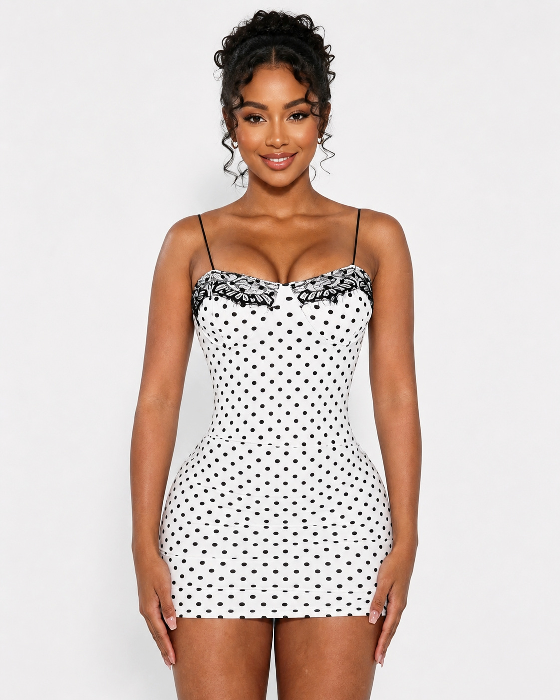 Polka Dot Lace Trim Thin Strap Bodycon Mini Dress  - By Qivii