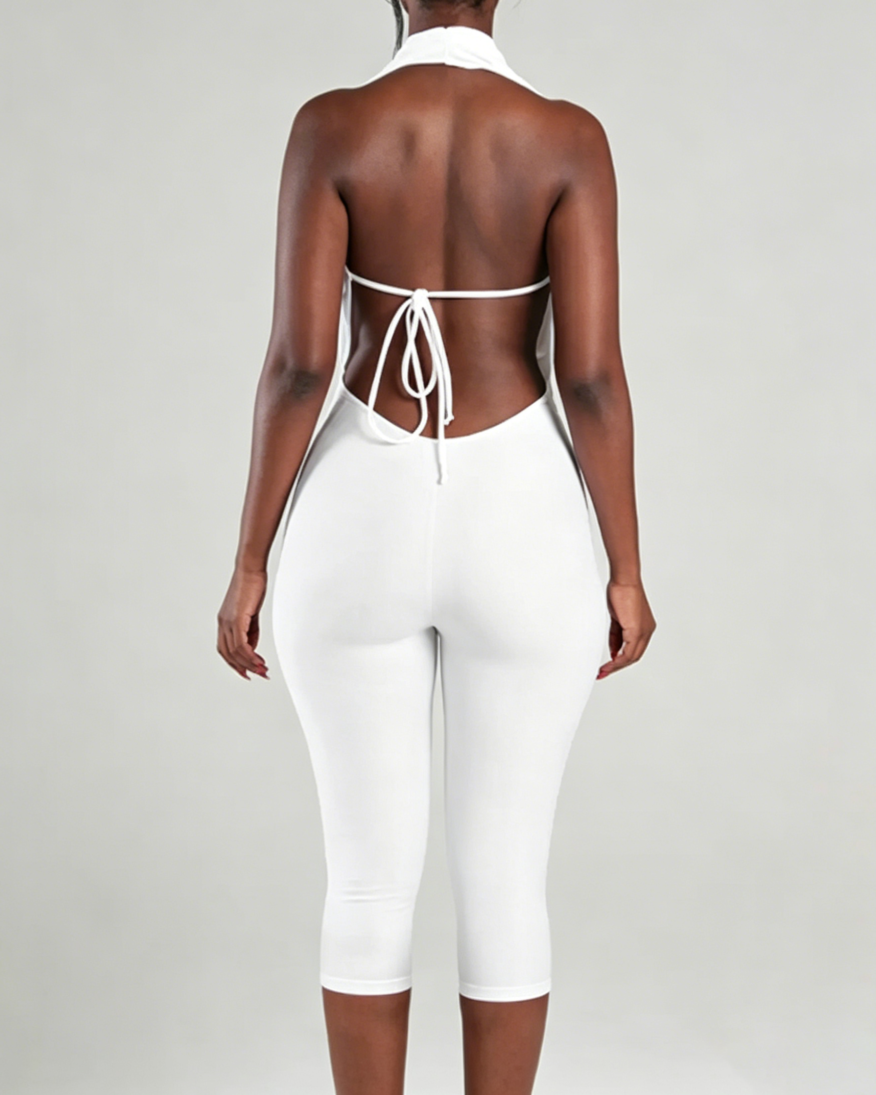 V Neck Halter Open Back Tie Capri Jumpsuit  - By Qivii