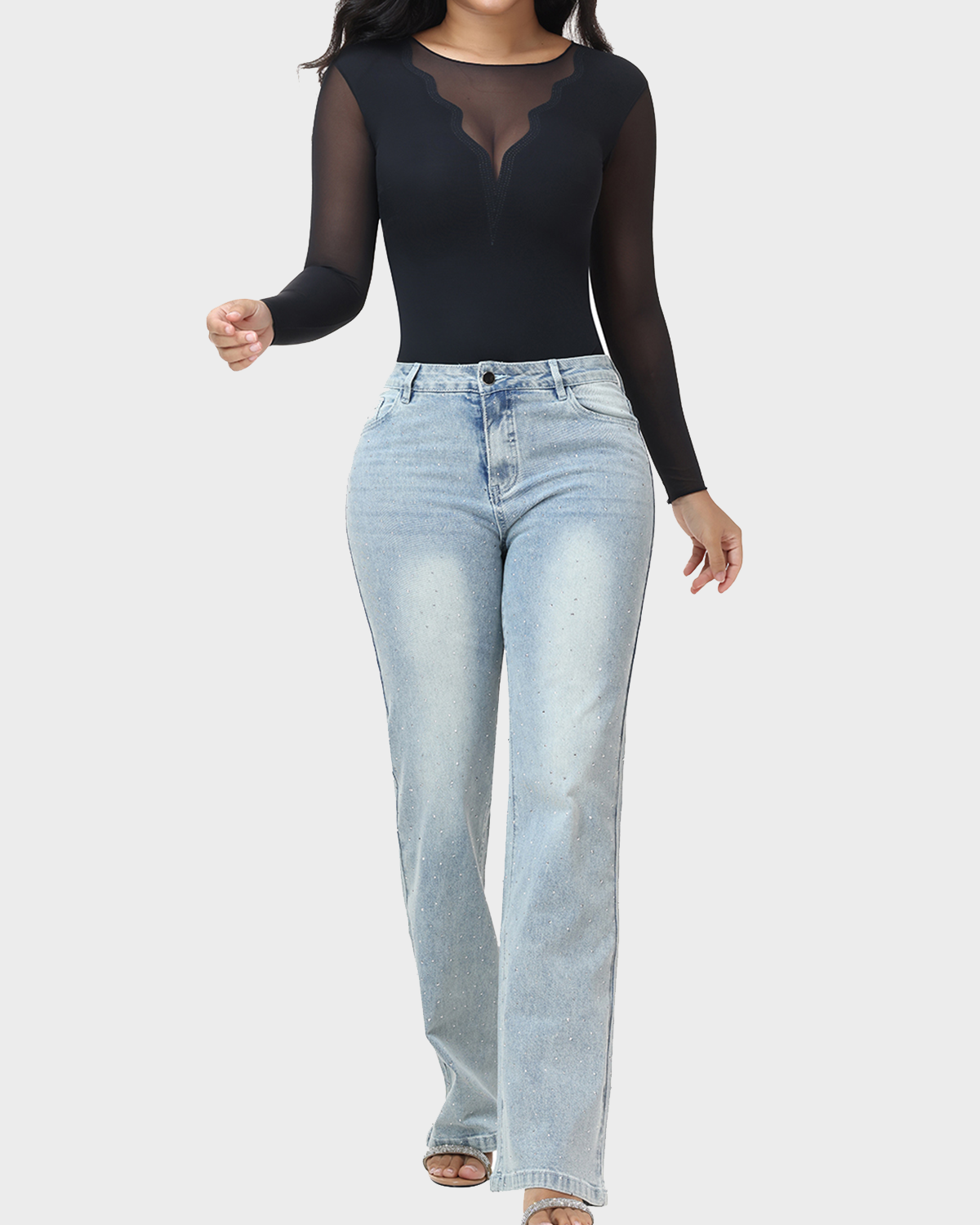 Sheer Mesh Long Sleeve Tummy Control Thong Shaping Bodysuit
