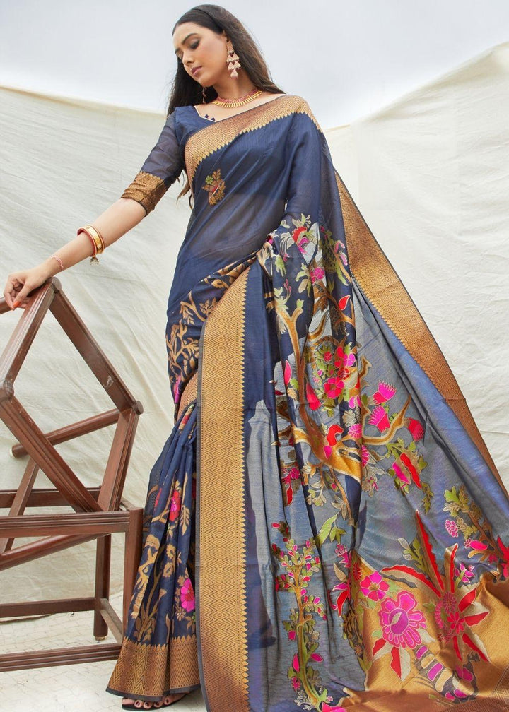 Navy Blue and Grey Handloom Woven Silk Saree | Stitched Blouse - qivii