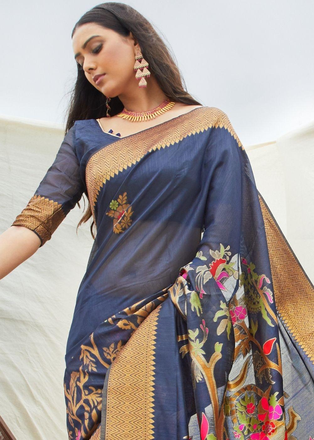 Navy Blue and Grey Handloom Woven Silk Saree | Stitched Blouse - qivii