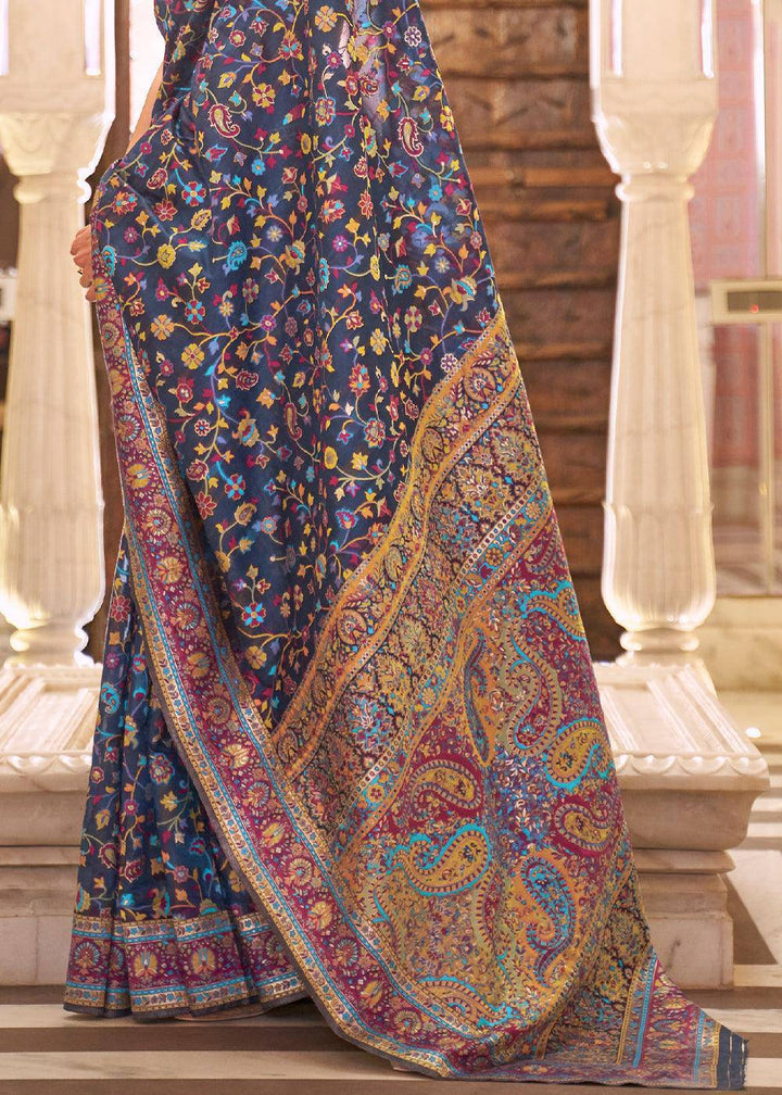 Navy Blue Banarasi Jamawar Woven Silk Saree | Stitched Blouse - qivii