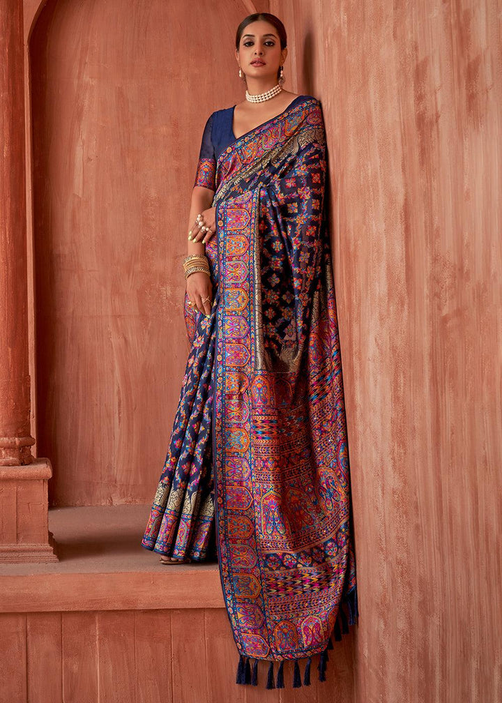 Navy Blue Banarasi Kora Silk Saree with Pashmina Weaving & Zari Border Pallu | Stitched Blouse - qivii