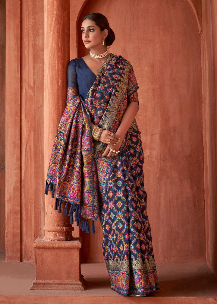 Navy Blue Banarasi Kora Silk Saree with Pashmina Weaving & Zari Border Pallu | Stitched Blouse - qivii