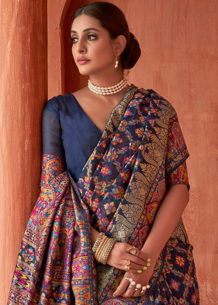 Navy Blue Banarasi Kora Silk Saree with Pashmina Weaving & Zari Border Pallu | Stitched Blouse - qivii