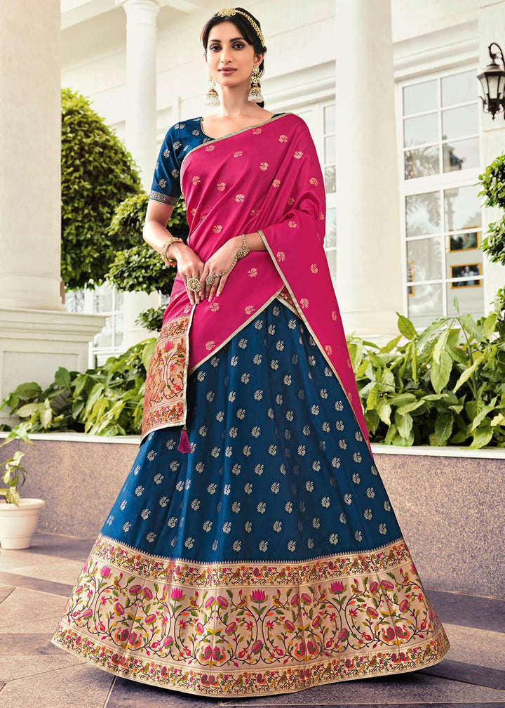 Navy Blue Banarasi Silk Lehenga Choli with Contrast Dupatta - qivii