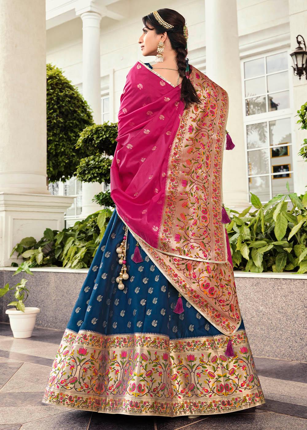 Navy Blue Banarasi Silk Lehenga Choli with Contrast Dupatta - qivii