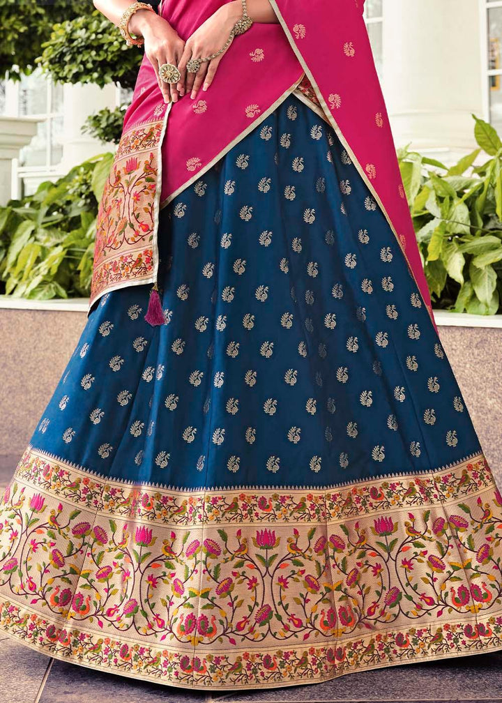 Navy Blue Banarasi Silk Lehenga Choli with Contrast Dupatta - qivii