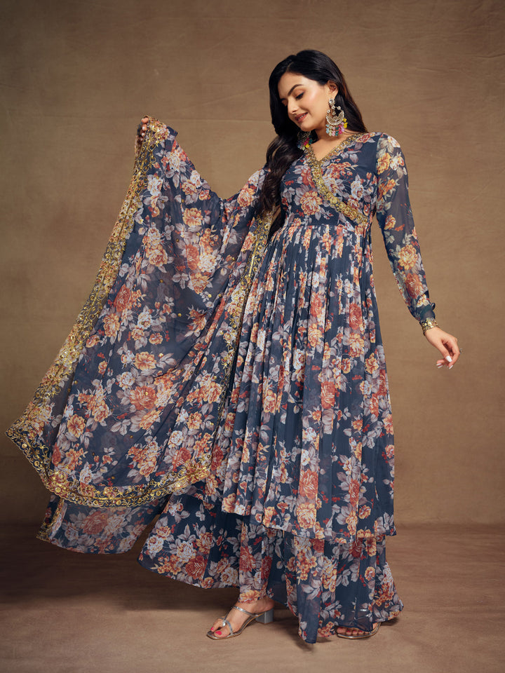 Navy blue chiffon angrakha palazzo suit with dupatta by Qivii