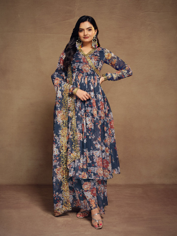 Elegant navy blue angrakha style palazzo suit with chiffon fabric