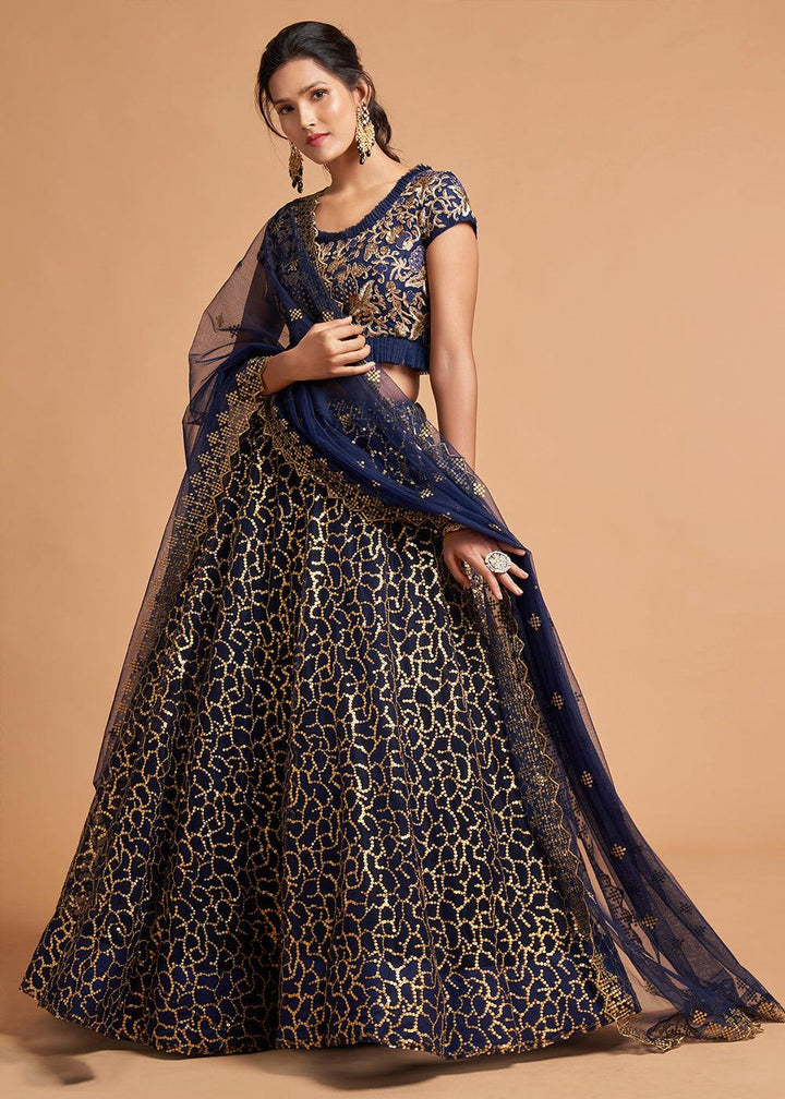 Navy Blue Designer Soft Net Lehenga Choli with Zari, Dori & Thread Embroidery work - qivii