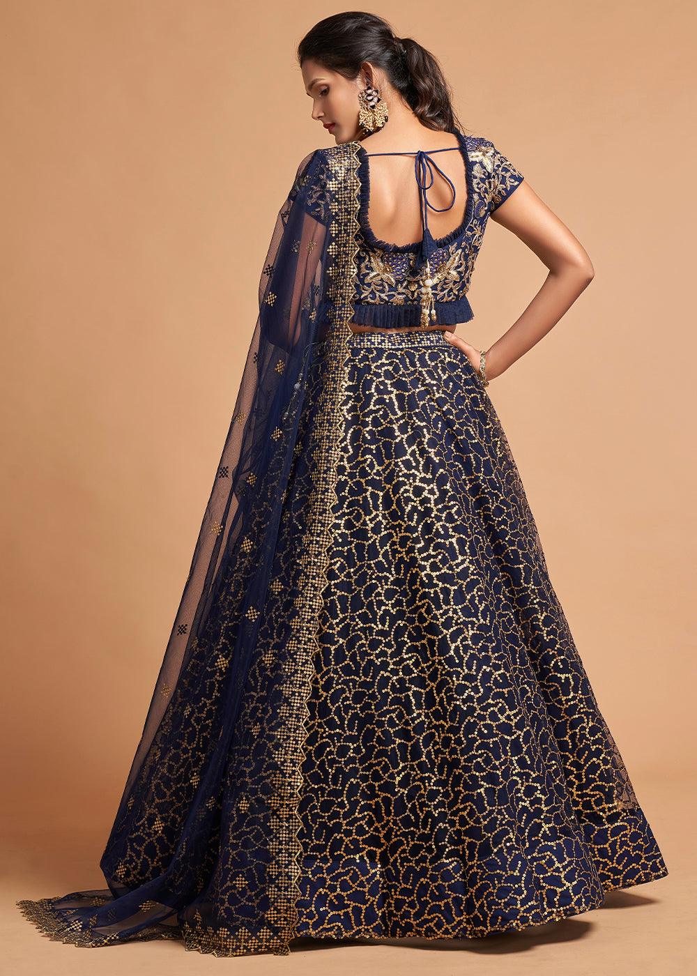 Navy Blue Designer Soft Net Lehenga Choli with Zari, Dori & Thread Embroidery work - qivii