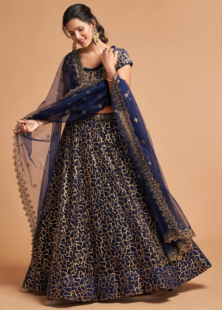 Navy Blue Designer Soft Net Lehenga Choli with Zari, Dori & Thread Embroidery work - qivii