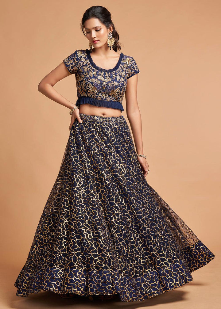 Navy Blue Designer Soft Net Lehenga Choli with Zari, Dori & Thread Embroidery work - qivii