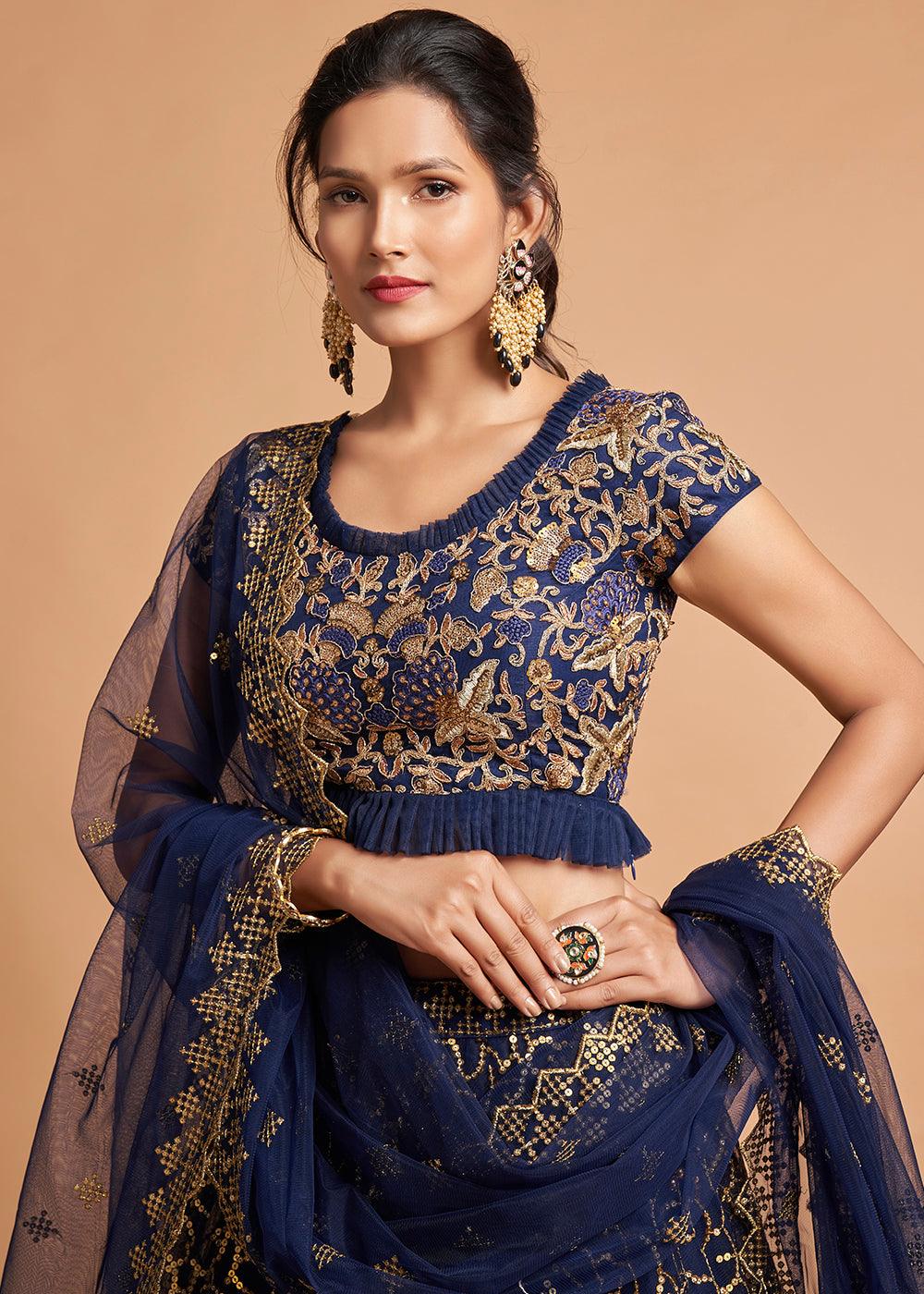 Navy Blue Designer Soft Net Lehenga Choli with Zari, Dori & Thread Embroidery work - qivii