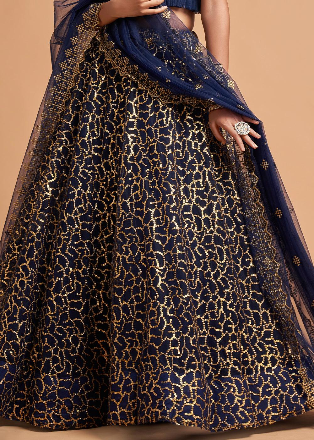 Navy Blue Designer Soft Net Lehenga Choli with Zari, Dori & Thread Embroidery work - qivii