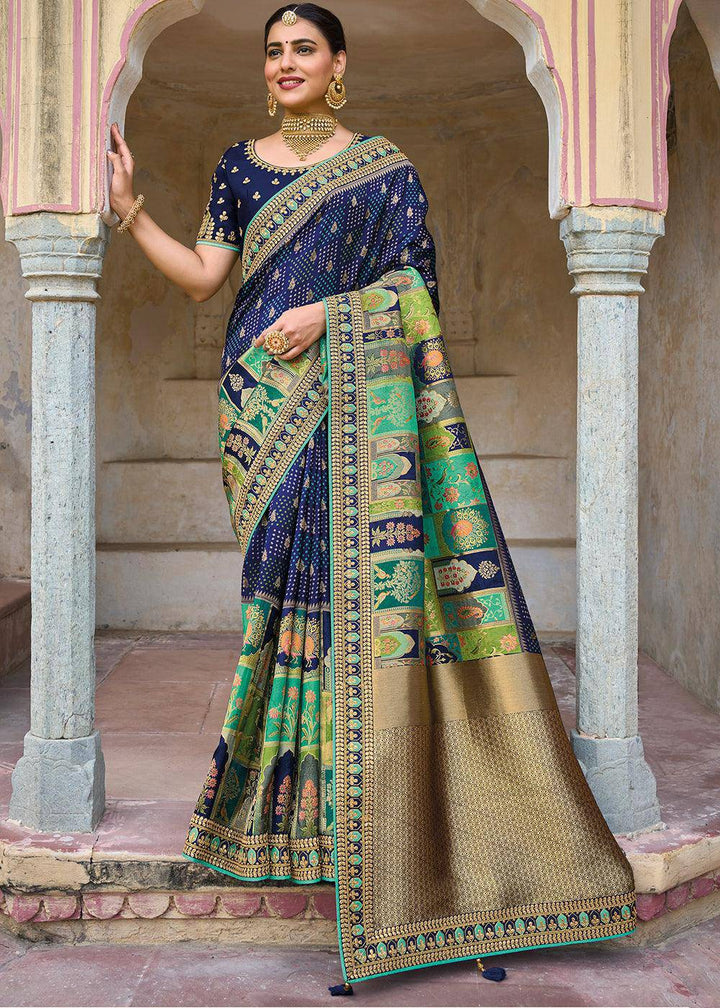 Navy Blue Dola Silk Saree with Beautiful Embroidery work: Wedding Edition | Stitched Blouse - qivii