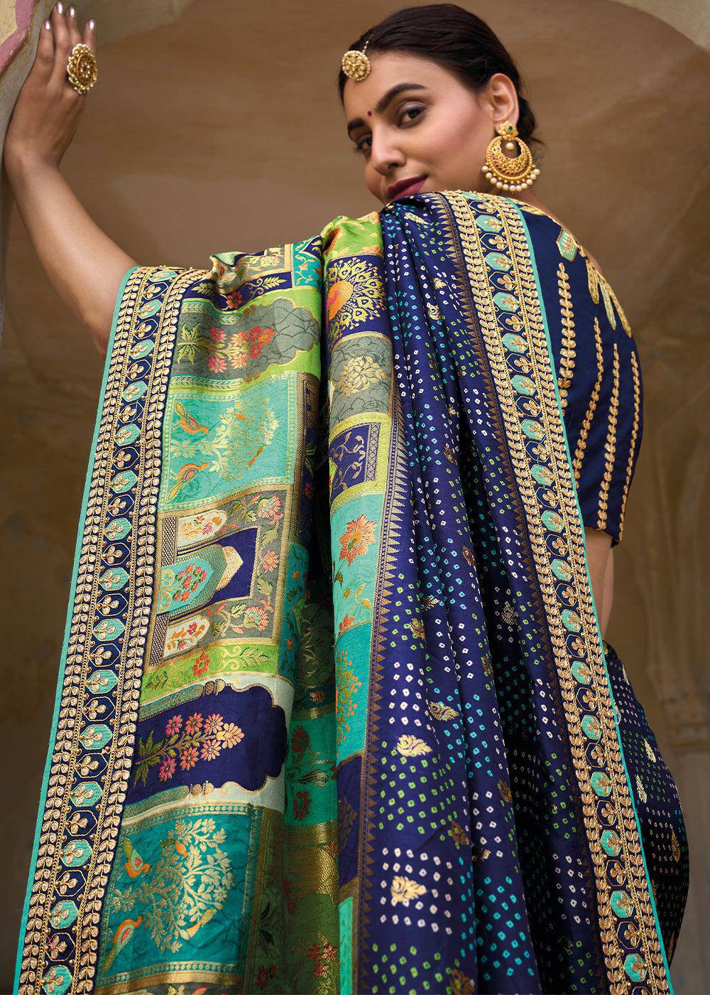 Navy Blue Dola Silk Saree with Beautiful Embroidery work: Wedding Edition | Stitched Blouse - qivii