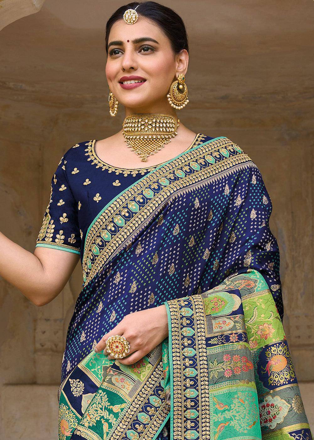 Navy Blue Dola Silk Saree with Beautiful Embroidery work: Wedding Edition | Stitched Blouse - qivii