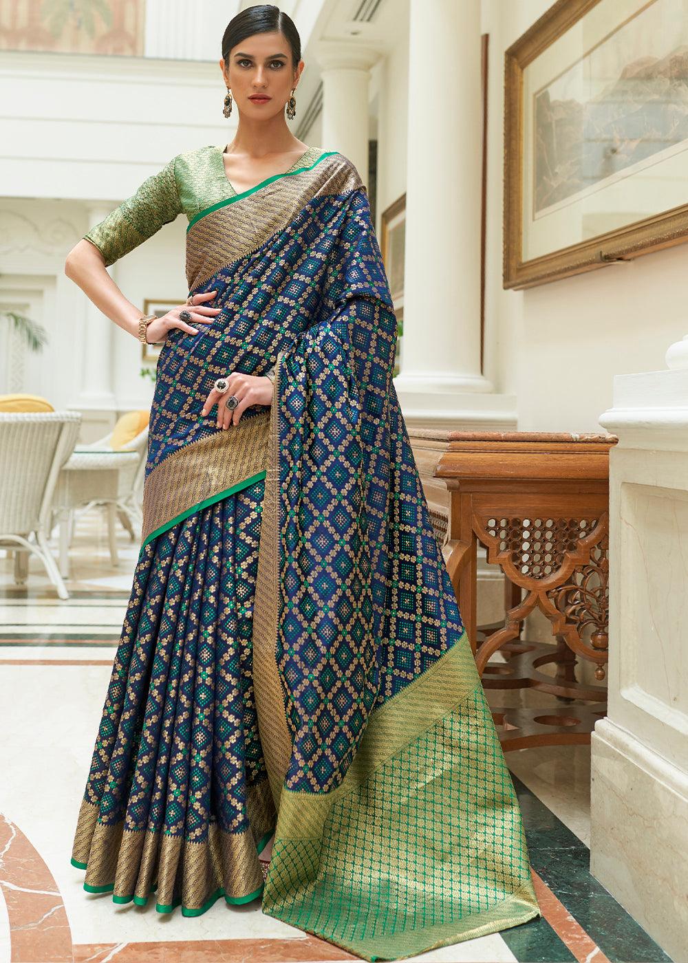 Navy Blue Handloom Patola Weave Silk Saree | Stitched Blouse - qivii