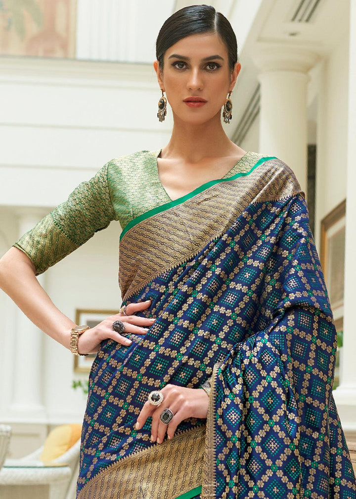 Navy Blue Handloom Patola Weave Silk Saree | Stitched Blouse - qivii