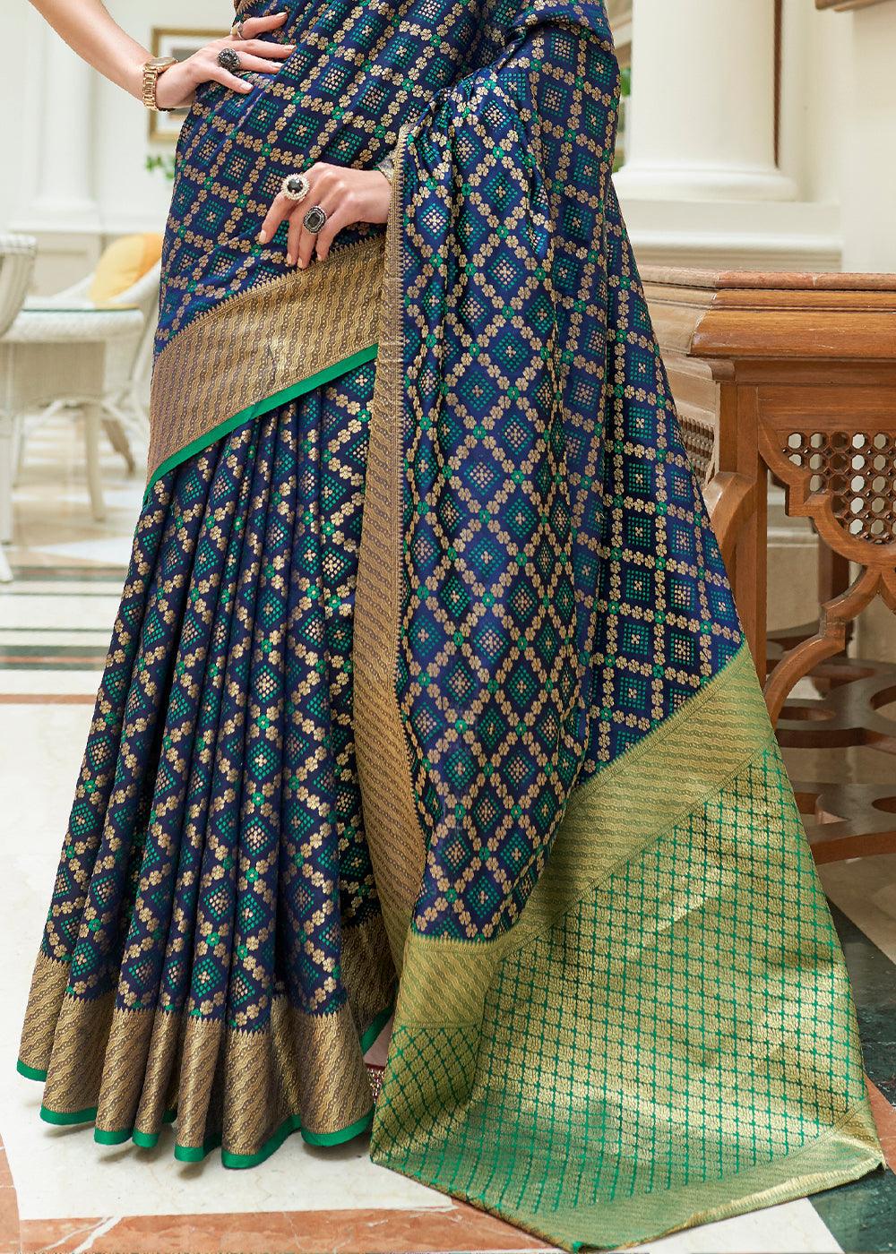 Navy Blue Handloom Patola Weave Silk Saree | Stitched Blouse - qivii