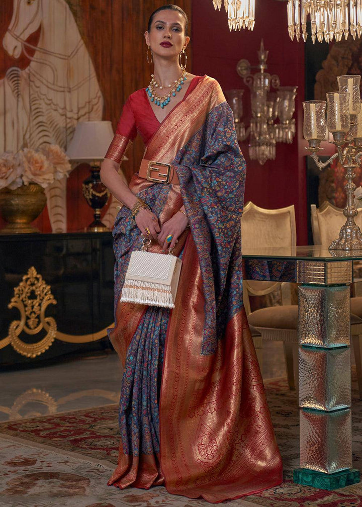 Navy Blue Kashmiri Jamawar Woven Silk Saree | Stitched Blouse - qivii