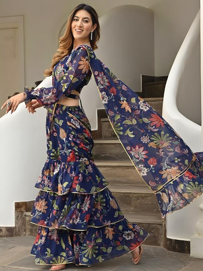 Navy blue printed ready-to-wear ruffle saree with belt designed by Kreeva, perfect for any special occasion or event